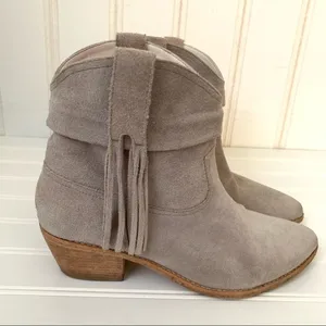 Joie Taupe Suede Fringe Western Ankle Boots Stacked Wood Block Heel 'Keaton' thumbnail 4