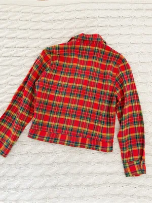 Vintage Rice Sportswear Red Plaid Cropped Jean Jacket thumbnail 3