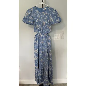 Wayf Plaza Floral Cut-Out Tiered Maxi Dress Size Small Blue and White thumbnail 6