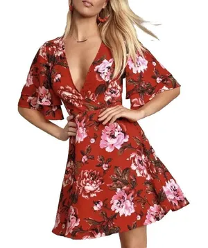 NWT Lulus Laclair Red Floral Surplice V‎ Neck Flutter Sleeve Skater Dress MEDIUM thumbnail 1