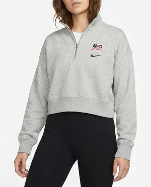 Nike Women Phoenix Crop QTR Zi USA Hockey Grey Fleece Pullover Large thumbnail 1