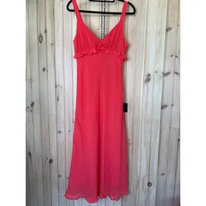 NWT Lulus Lulus Valonia Red Orange Ruffled Clip Dot Empire Waist Midi Dress Sz M thumbnail 2