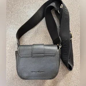 True Religion Black Crossbody Bag, Gold Accent, Adjustable Guitar Strap thumbnail 2
