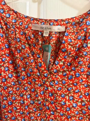 fun 2 fun Red Floral Short-Sleeve Blouse with Blue & White Accents thumbnail 5