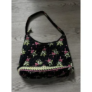 Vera Bradley Lily Bell Quilted Cotton Shoulder Bag Black Floral Pink Bows Hobo thumbnail 2