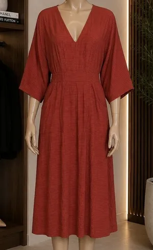 ASOS Women Midi Dress Rust Orange Textured V-Neck Pockets Back Tie Size 8 thumbnail 1