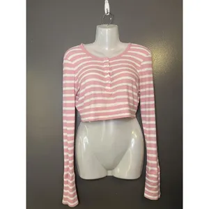 OFFLINE By Aerie Shirt Womens Medium Pink Stripe Henley Cropped Long Sleeve thumbnail 2