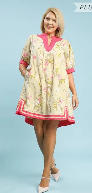 New!Umgee Plus Size Cotton Lined Butter Floral Puff Sleeve Dress Pink Size 1X thumbnail 1