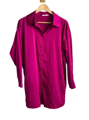 12th Tribe Fuchsia Satin Oversized Longline Button Down Shirt Blouse Small thumbnail 1