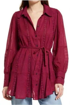 Free People Mikaela Tunic Magenta Belted Button Up Blouse Size Small thumbnail 1