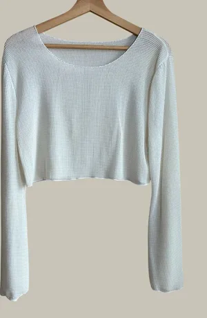 Unbranded Waffle Mesh Crop Top S White Womens Long Bell Sleeve Polyamide thumbnail 1