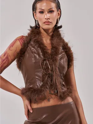 Faux Leather Brown Fur-Trim Vest thumbnail 1