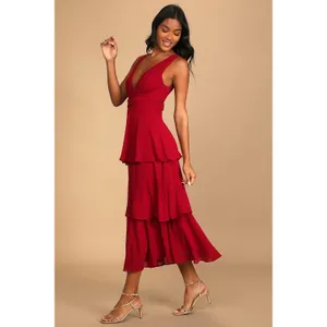 NWT Lulus Celebration Time Red Sleeveless Tiered Midi Dress Holiday Party Sz S thumbnail 3
