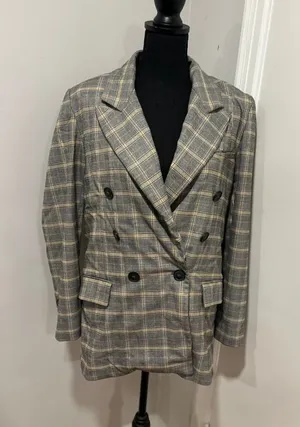Free People Preppy Academia Plaid Double Breasted Blazer Sz:M Grey Yellow Jacket thumbnail 1
