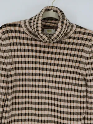 Maeve Anthropologie Sweater Large Fitted Stretch Plaid Cowl Neck Brown Black thumbnail 2