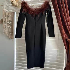 Mew Mews Black Feather Trim Maxi Dress Gown Medium Formal Cocktail Old Hollywood thumbnail 4