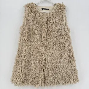 Anthropologie Hazel Long Shaggy Vest L Beige Snap Close Pockets Boho Lagenlook thumbnail 1