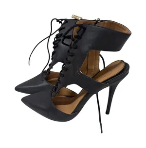 Jessica Simpson 6 Black Faux Leather Lace Up Cut Out Stiletto Heel Bootie Pumps thumbnail 1