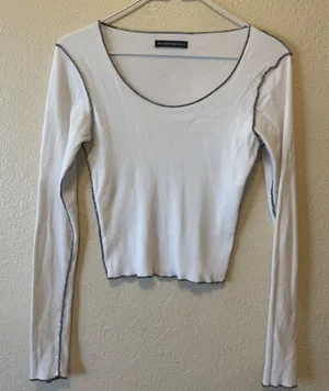 Brandy Melville White Ribbed Contrast Stitch Long Sleeve Top One Size thumbnail 1