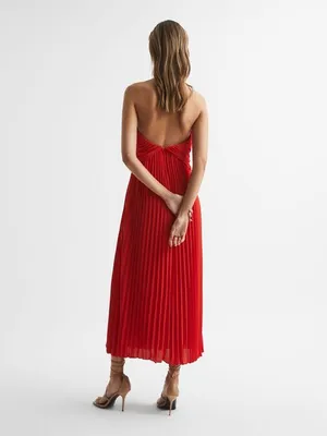 Reiss NWT ROYA HALTER NECK PLEAT Red MIDI DRESS thumbnail 11