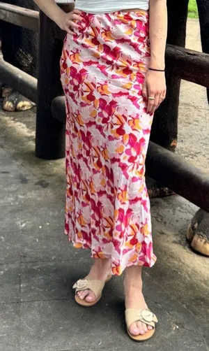 Red orange light pink white 12th tribe satin maxi flower skirt thumbnail 1