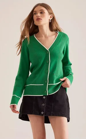 Maeve Anthropologie Green Ribbed V-Neck Cardigan NWT Medium Preppy Contrast Trim thumbnail 1