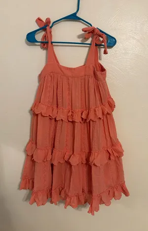 Sézane Paris Coral Tiered Eyelet Mini Dress Size 34 XS Tie Shoulder Ruffle thumbnail 1
