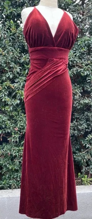 Burgundy Merlot Velvet Formal Mermaid Dress Maxi Strap Womens XS Small Formal thumbnail 1