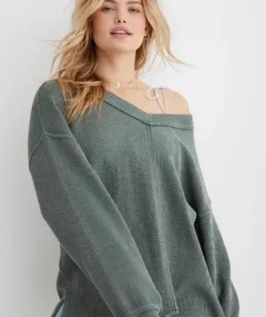 Aerie Wonder Textured V-Neck Sweatshirt thumbnail 1