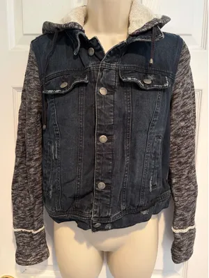 Free People Mixed Media Denim Jacket Knit Sleeves Hooded Distressed Dark Wash S thumbnail 1
