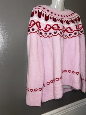 CeCe Sweater Womens XL Pink Fair Isle Hearts Bows Crew Neck Knit Pullover thumbnail 3