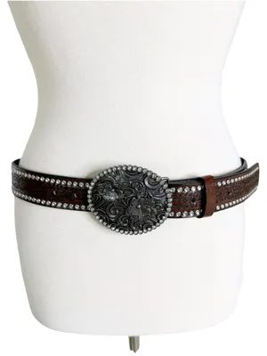 Western Tooled Large Buckle Belt with Rhinestones Brown thumbnail 4