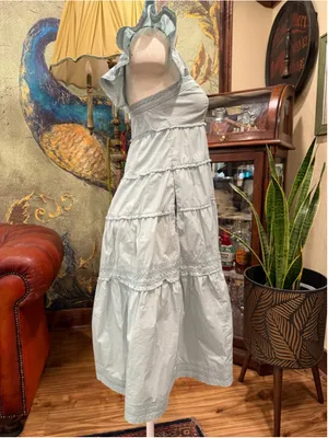 KARLIE Light Blue Cotton Smocked Tiered Ruffle Dress Midi Cottagecore Pockets M thumbnail 4