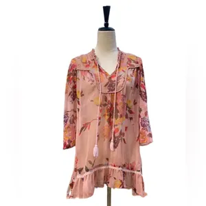Buckle Boutique Boho Floral Sheer Tunic Top Size S |‎ Pink Lace Tassels Ruffle Hem thumbnail 2