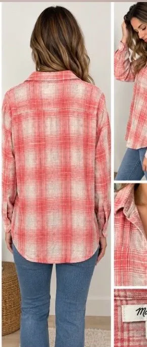 Madewell Coral and Cream Plaid Button-Down Shirt size xl thumbnail 1