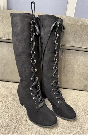 Tall Black Faux Suede Lace-Up Women’s Boots Gothic Size 8.5 (41) NEW thumbnail 1