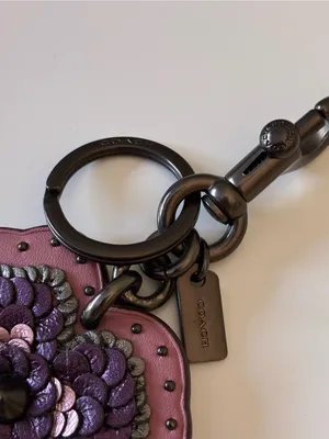 Coach Leather Sequin Applique Tea Rose Key Ring Bag Charm, Pink / Purple, 32677 thumbnail 7