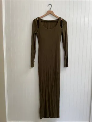 SHAPELLX Long‎ Sleeve Cut-Out Ribbed Shapewear Maxi Dress in Olive Green Size M thumbnail 4