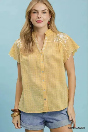 Umgee Embroidered Print‎ Scallop Sleeve Button Front Blouse - Sunflower - Small thumbnail 1