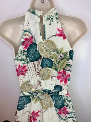 SHEIN XS 2 Tropical Floral Halter Maxi Dress Cream Green Pink Viscose Belted thumbnail 8