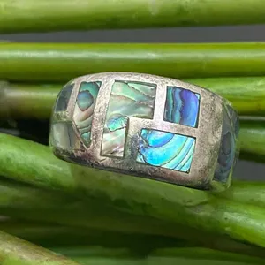 Vintage NE 925 Signed Sterling Silver Abalone Inlay Ring Band Size 6.5 5.9g thumbnail 1