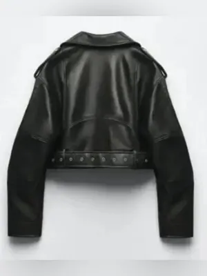 Zara Black Vegan Faux Leather Cropped Biker Moto Jacket Belted thumbnail 2