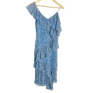 Alice + Olivia Olympia Blue Floral Print Silk Ruffled Asymmetric Midi Dress 2 thumbnail 3