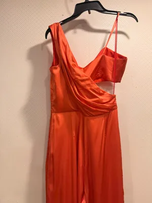 AMUR Blynn Spicy Coral Asymmetrical Pleated Drape Jumpsuit Formal Size 4 thumbnail 10