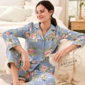 Garnet Hill Organic Cotton Heritage Flannel Pajama Top Shirt S Blue Floral NWOT thumbnail 1