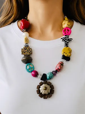 BOHO Statement Natural Gemstone Cross Turquoise Jasper Howlite Necklace thumbnail 1