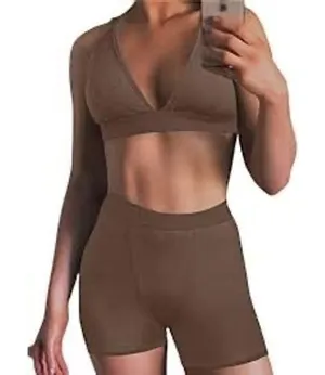 Ribbed Lounge Set Triangle Bralette and High Waisted Biker Shorts Taupe Brown thumbnail 1