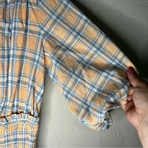 Mable Southern Peach Plaid Deep V Neck Smocked Skirt Puff‎ Sleeve Mini Dress thumbnail 5