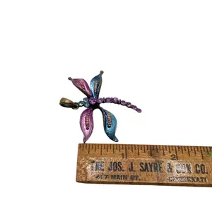 Vintage fairy cottagecore Dragonfly pendant with purple and teal rhinestones. thumbnail 6