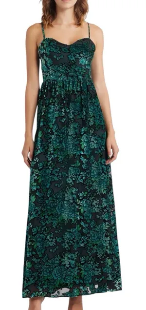 NWOT Lulus Green Black Minka Floral Burnout Velvet Maxi Dress Sweetheart Size XS thumbnail 1